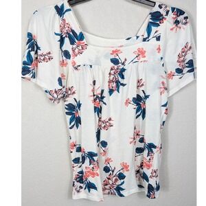 Lucky Brand Floral‎ Top Women's S Small Square Neck Short Sleeve White Blue Pink